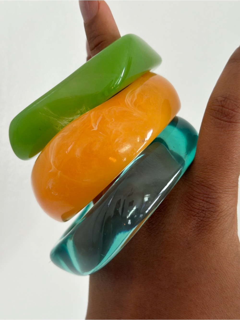 Colorful Resin Bangle Trio — Green, Orange, Teal